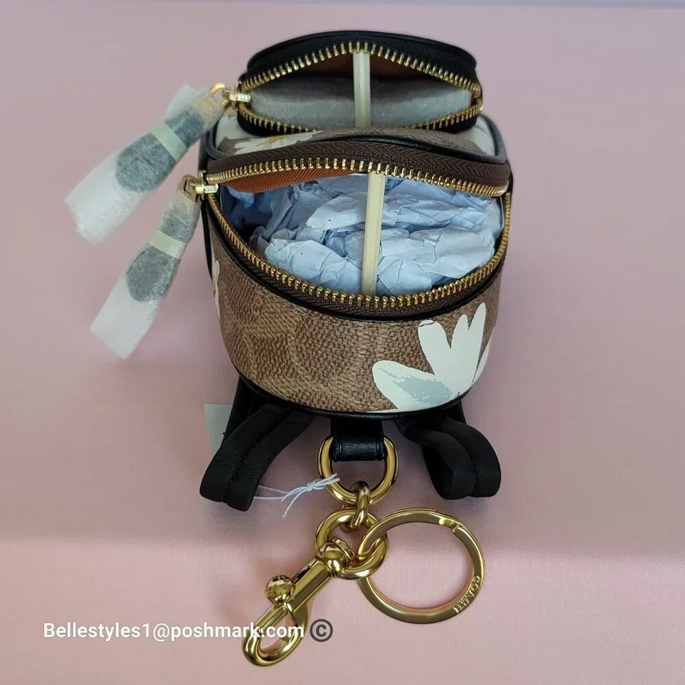 COACH Mini Court Backpack Bag Charm In Signature Canvas With Floral Print-Tan🎈⭐ - Picture 13 of 16